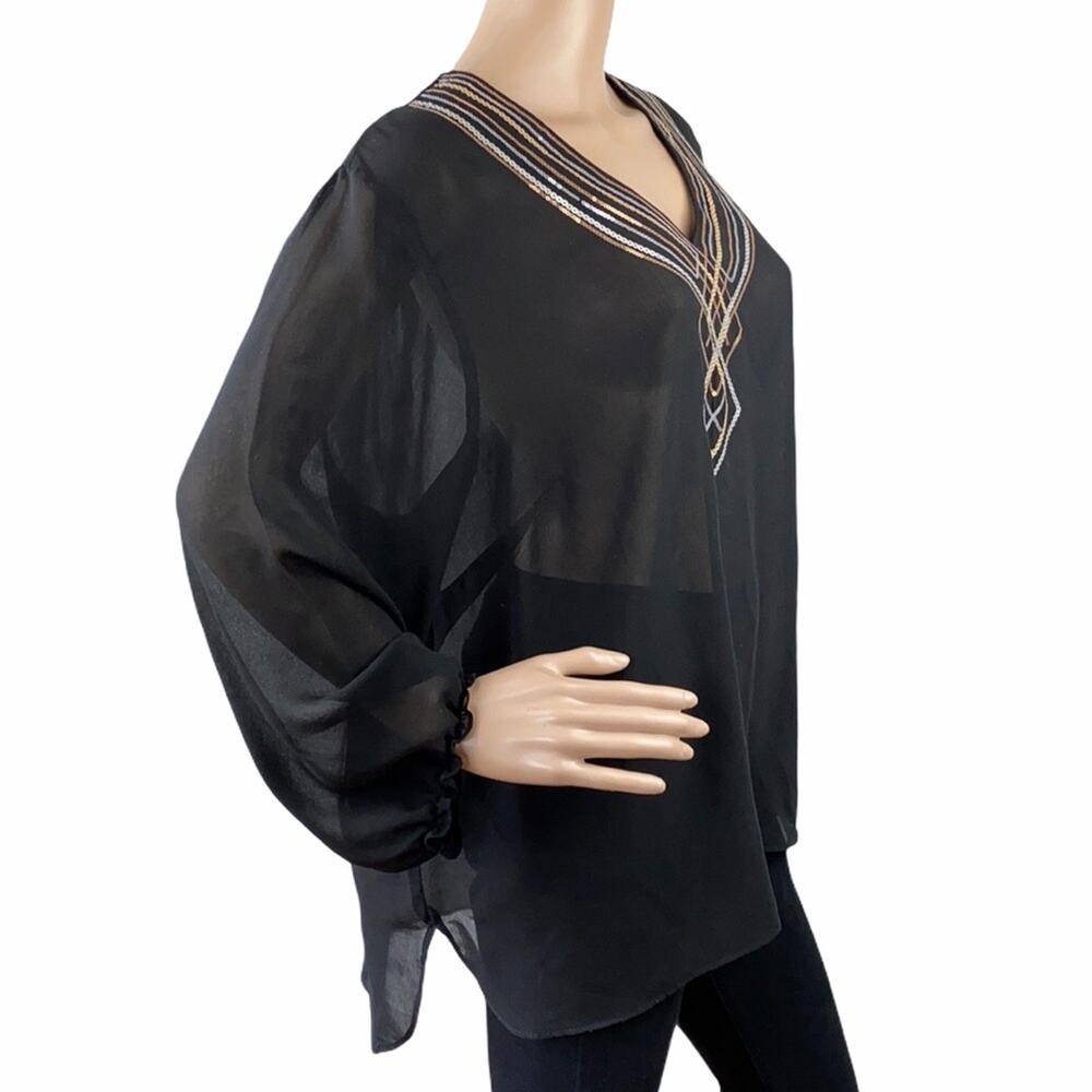 Ellen Tracy Black Sheer Sequined V-Neck Tunic Top XL High Low - Picture 6 of 9